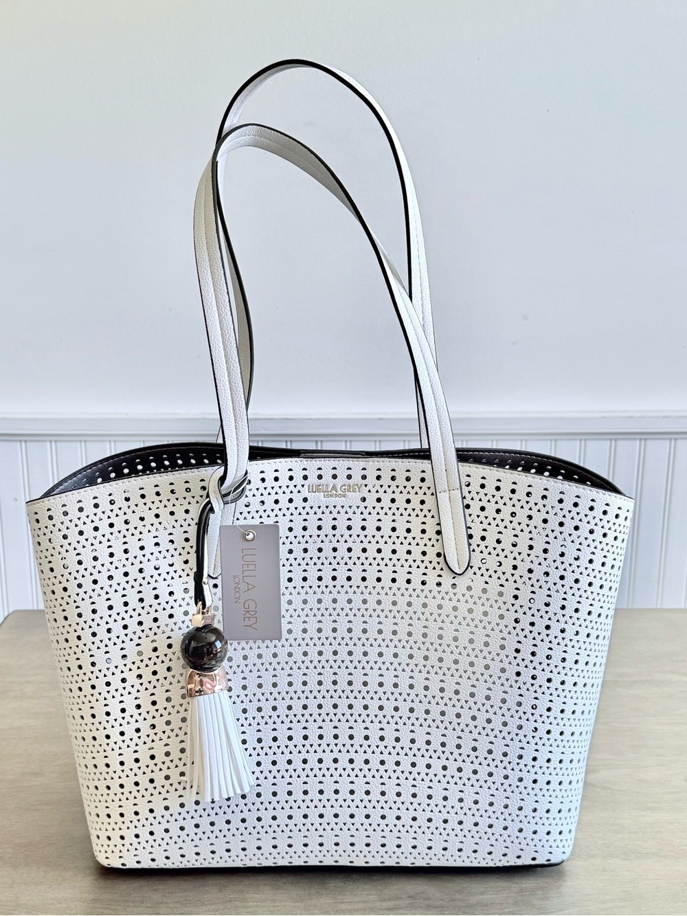 Luella Grey London White Perforated Tote with Tassel Charm & Interior Pouch
